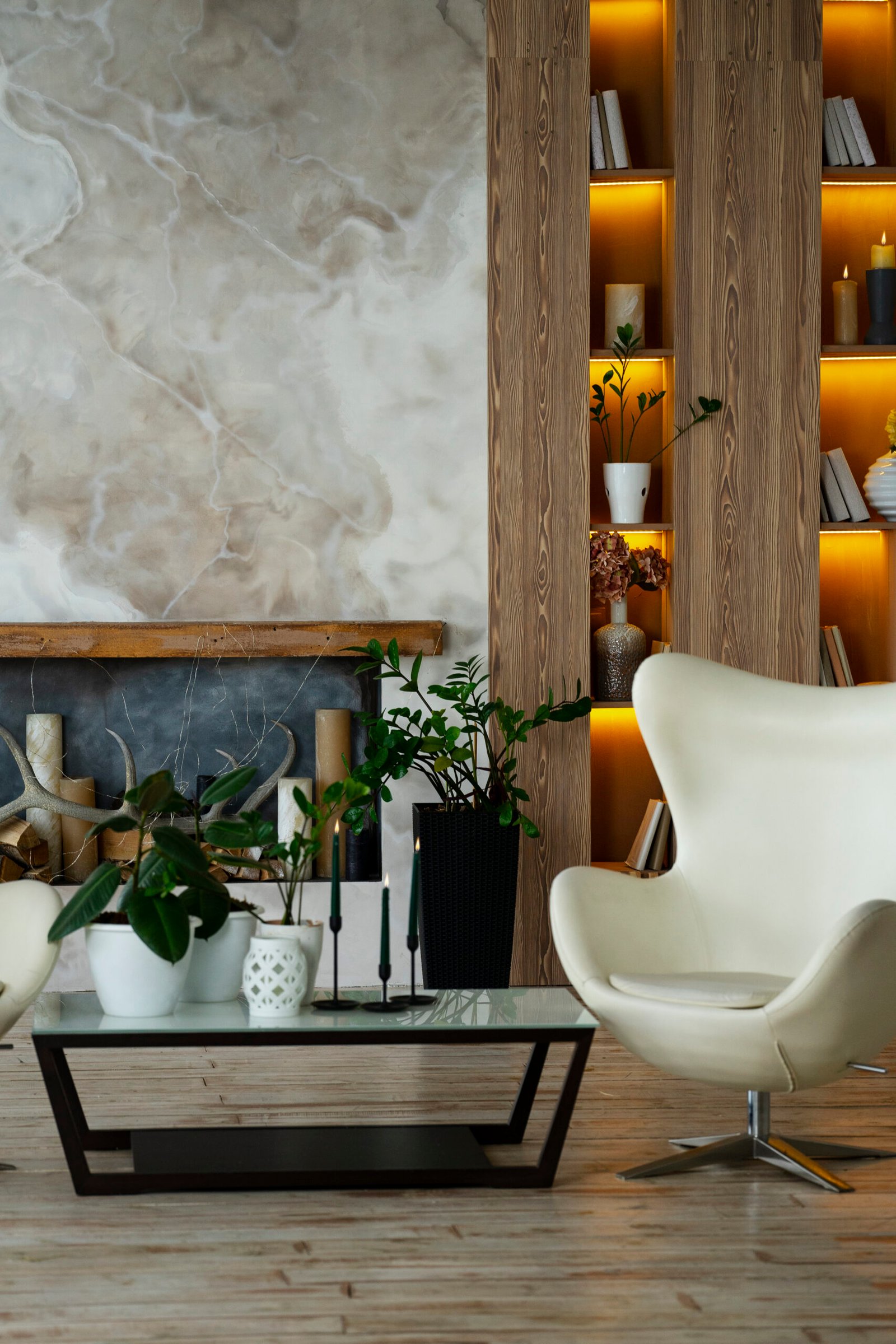 interior room design with armchair potted plants